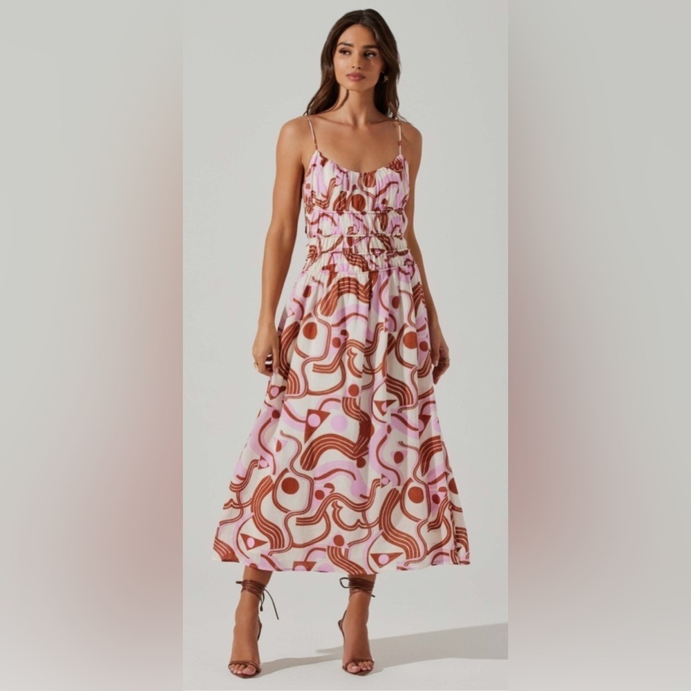 *Astr Midi Dress White Pink Brown Design Art Deco Spaghetti Straps Smocked